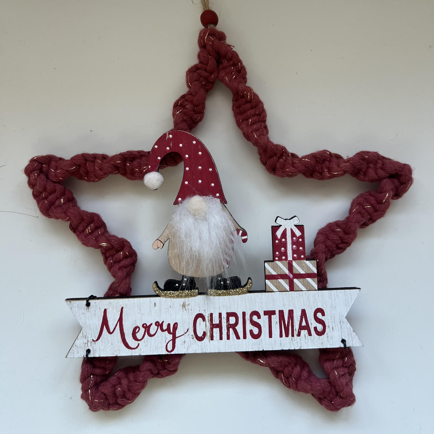 Golden Red Macramé Star with Wooden Gonk