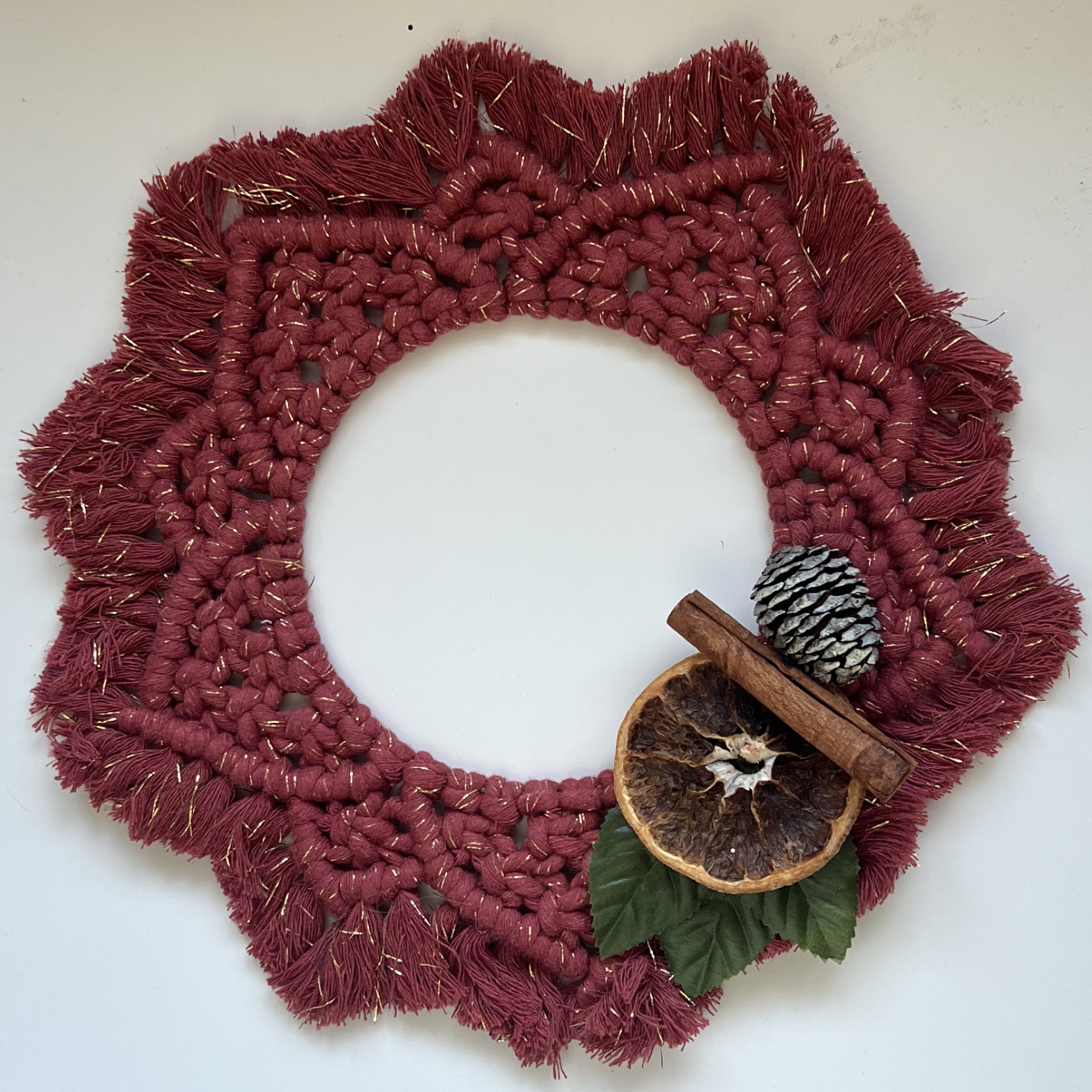 Festive Red & Gold Macramé Wreath with Cinnamon & Orange Accent