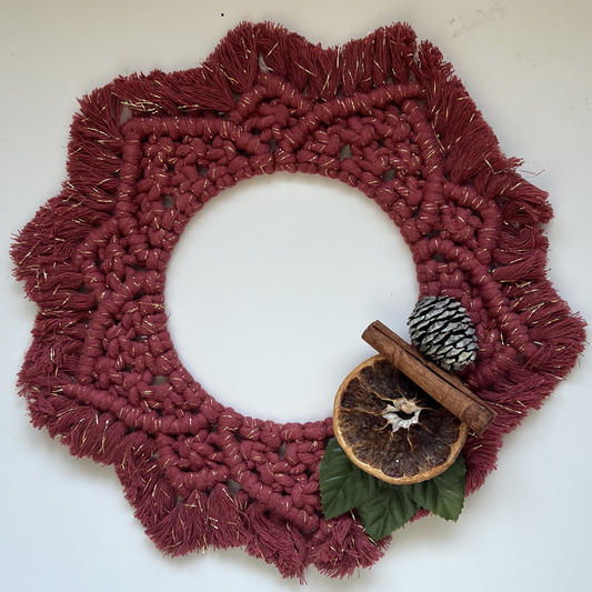Festive Red & Gold Macramé Wreath with Cinnamon & Orange Accent