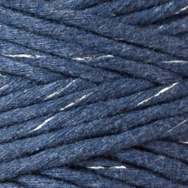 Close-up of blue yarn with metallic threads